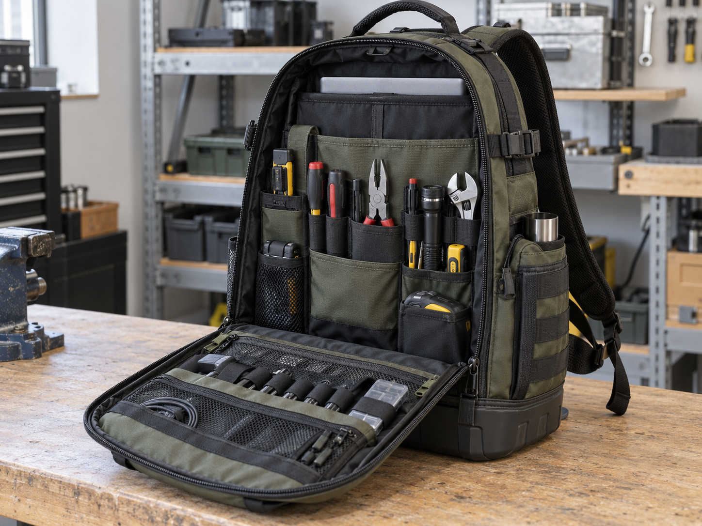 Technician tool backpack reference with open organizer pockets and reinforced work gear structure