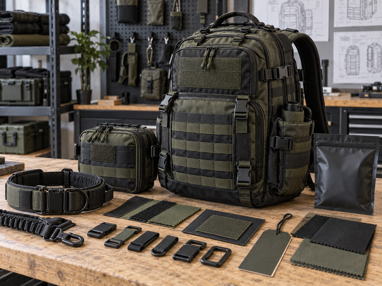 Private label custom gear collection reference with backpack, pouch, K9 collar, patches, labels, and packaging options