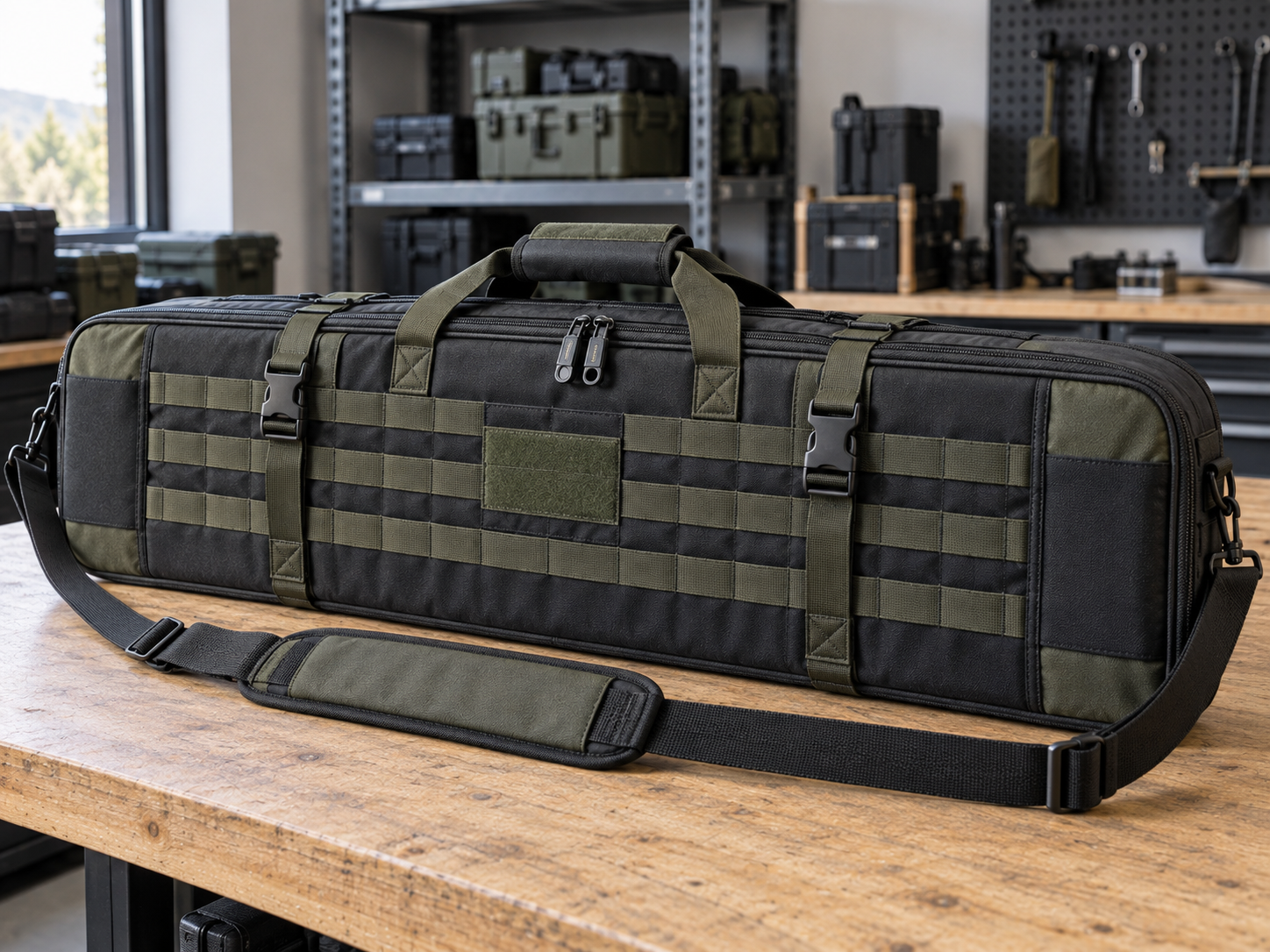 Padded rifle case exterior reference with MOLLE webbing, reinforced handle, and zipper options