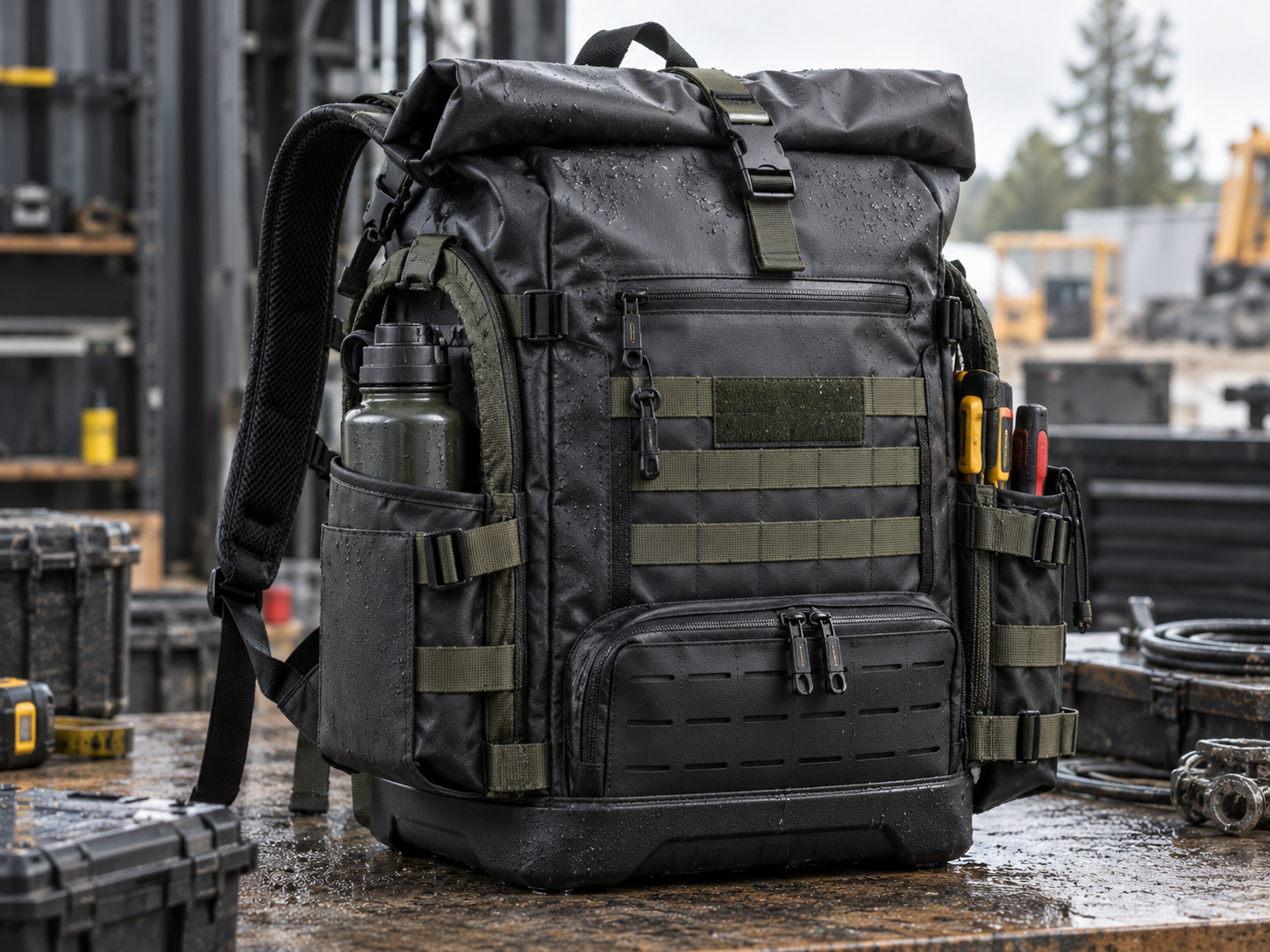 Waterproof work backpack reference with roll-top opening, coated fabric, reinforced base, and tool storage details