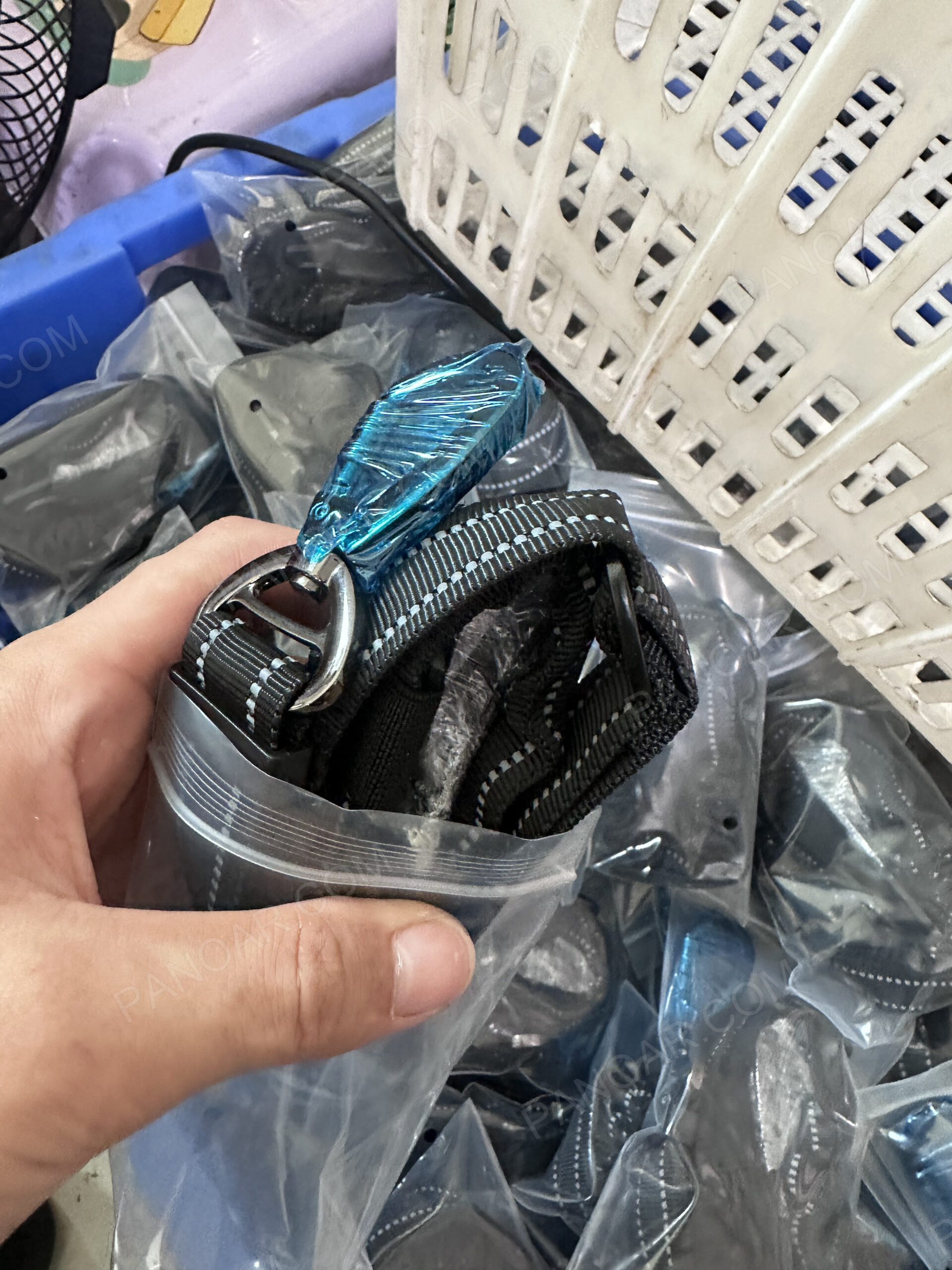 Black dog collar in an open bag with blue film around the hardware
